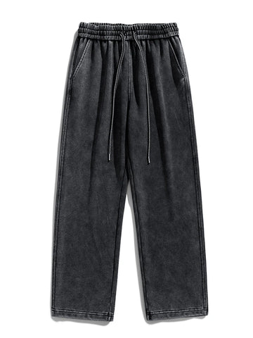 Mens Sweatpants High Street Acid Washed Cotton Elastic Waist Wide Leg Jogger Pants Drawstring Workout Long Pants